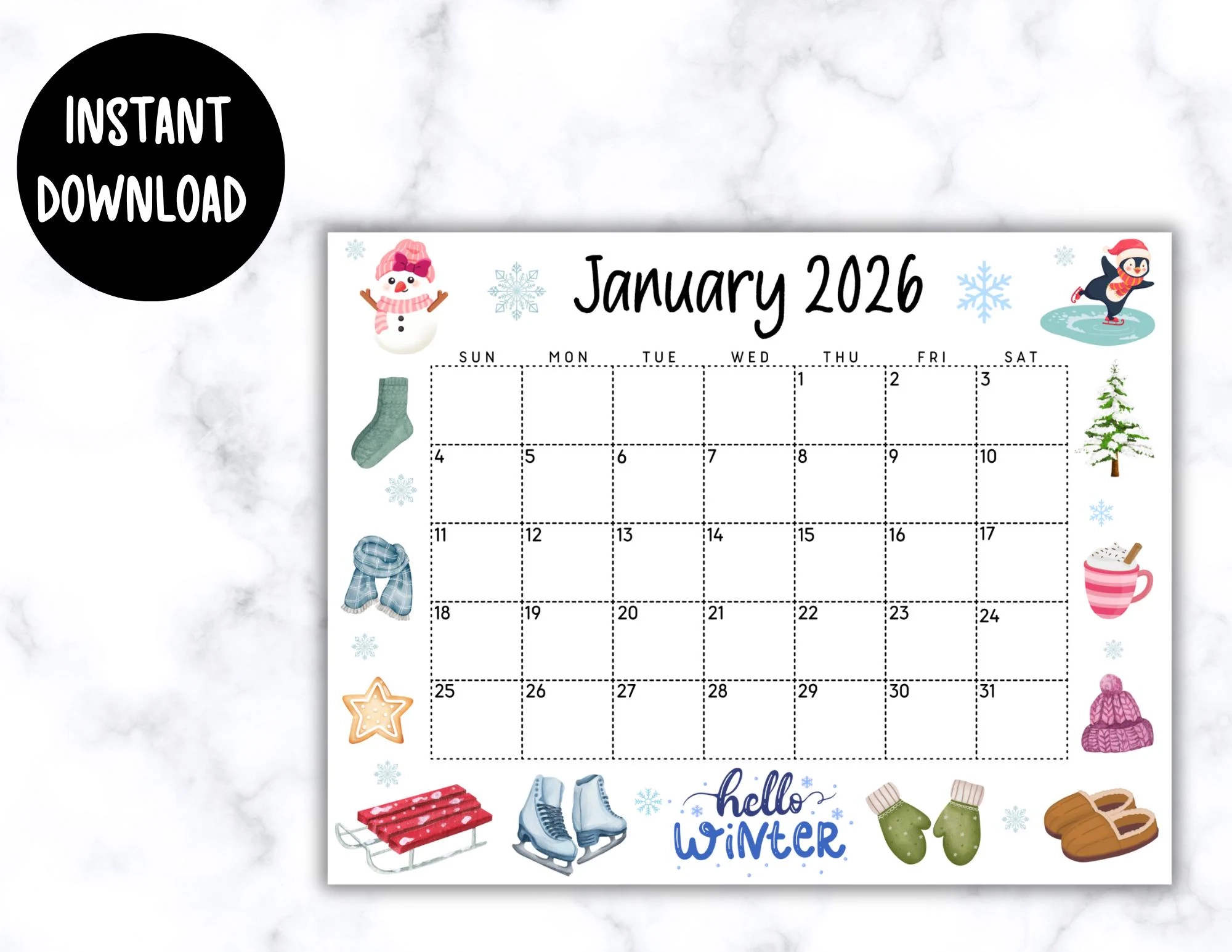 January 2026 Calendar Birthday Theme