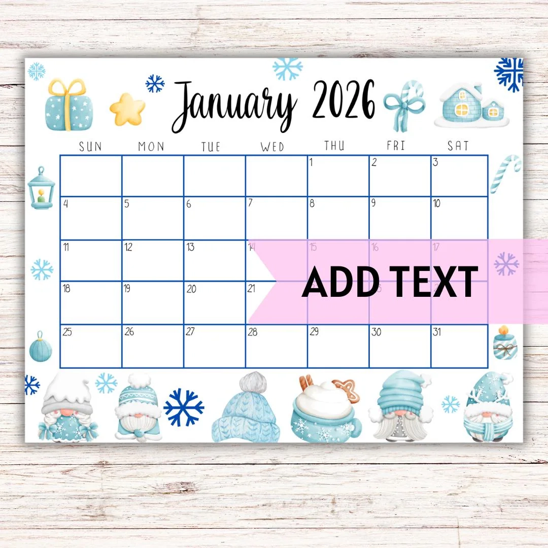 EDITABLE Printable January Calendar 2026 Cute Baby Blue Winter Themed January Calendar With Winter Gnomes Homeschool Planner Fillable Etsy