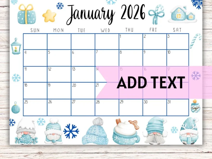 EDITABLE Printable January Calendar 2026 Cute Baby Blue Winter Themed January Calendar With Winter Gnomes Homeschool Planner Fillable Etsy