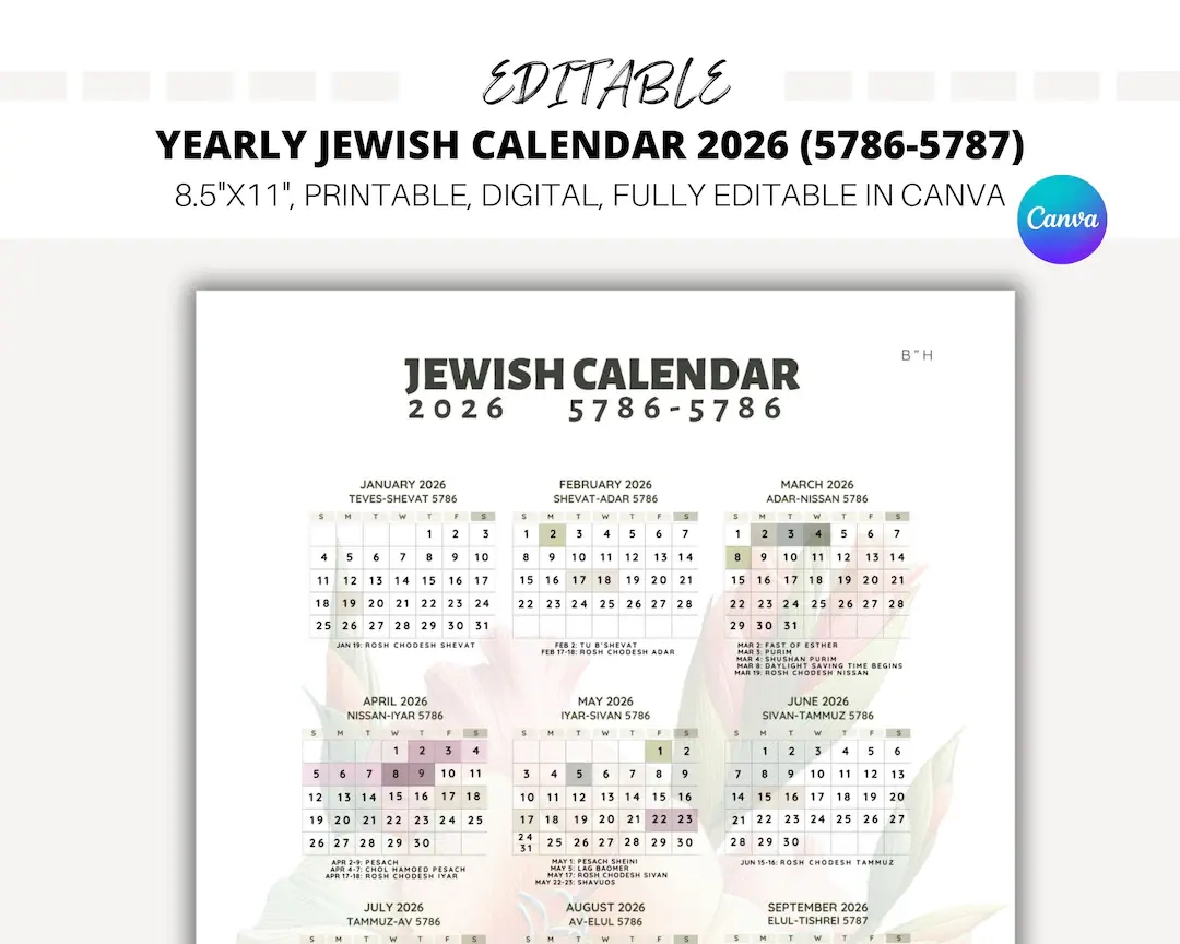 EDITABLE Yearly Jewish Calendar 2026 Jewish Holidays Canva Template Hebrew Calendar Jewish Calendar 5786 Hebrew Calendar 5786 Etsy
