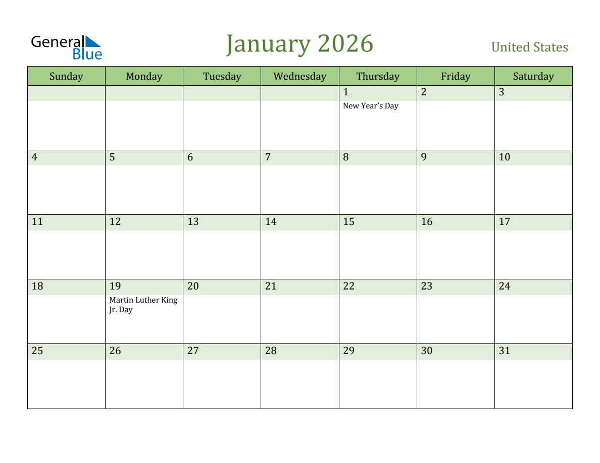 Calendar For January 2026 (United States)