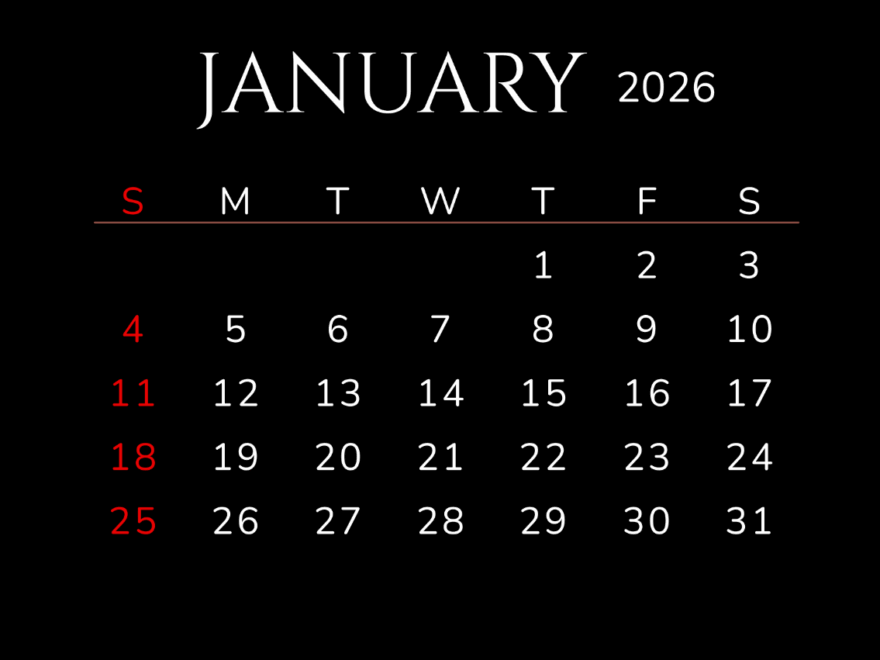 Free Black January 2026 Calendar Template To Edit Online
