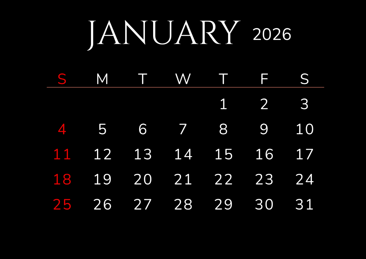 Free Black January 2026 Calendar Template To Edit Online