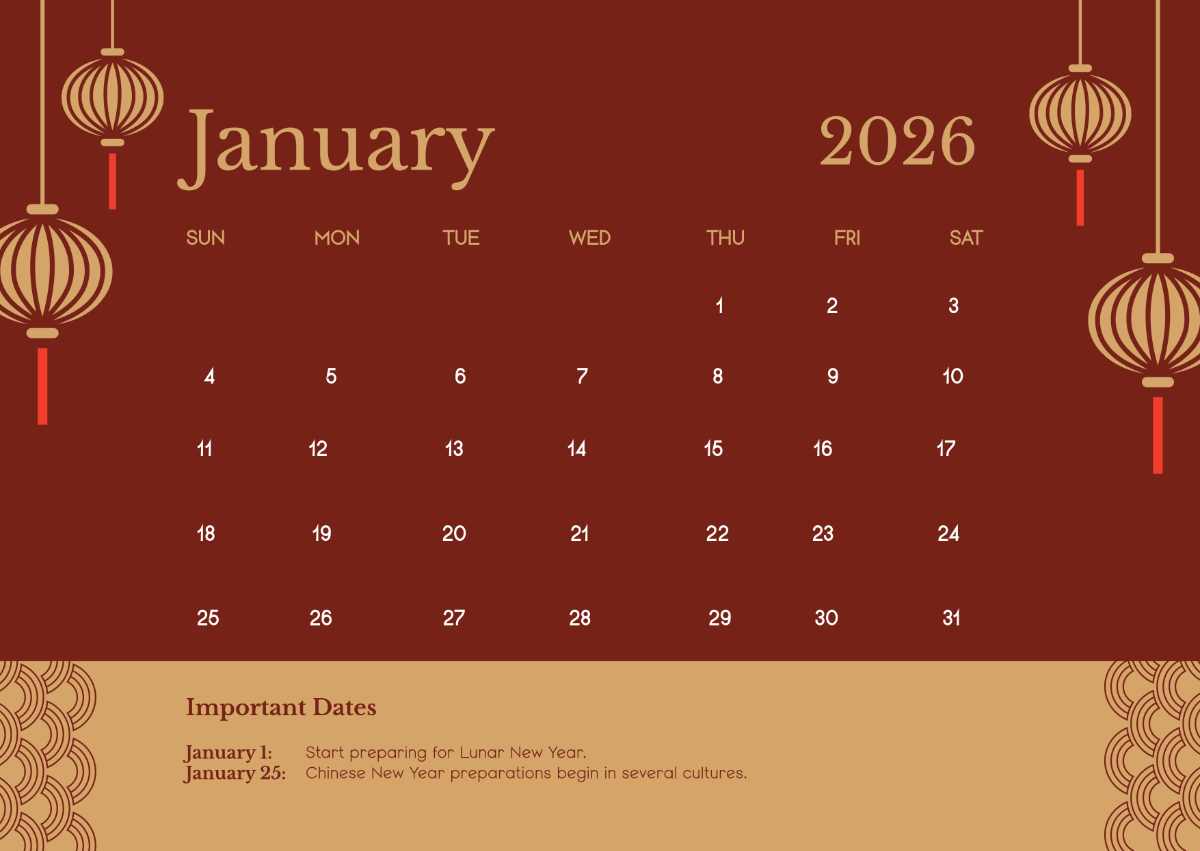 Chinese Calendar For January 2026