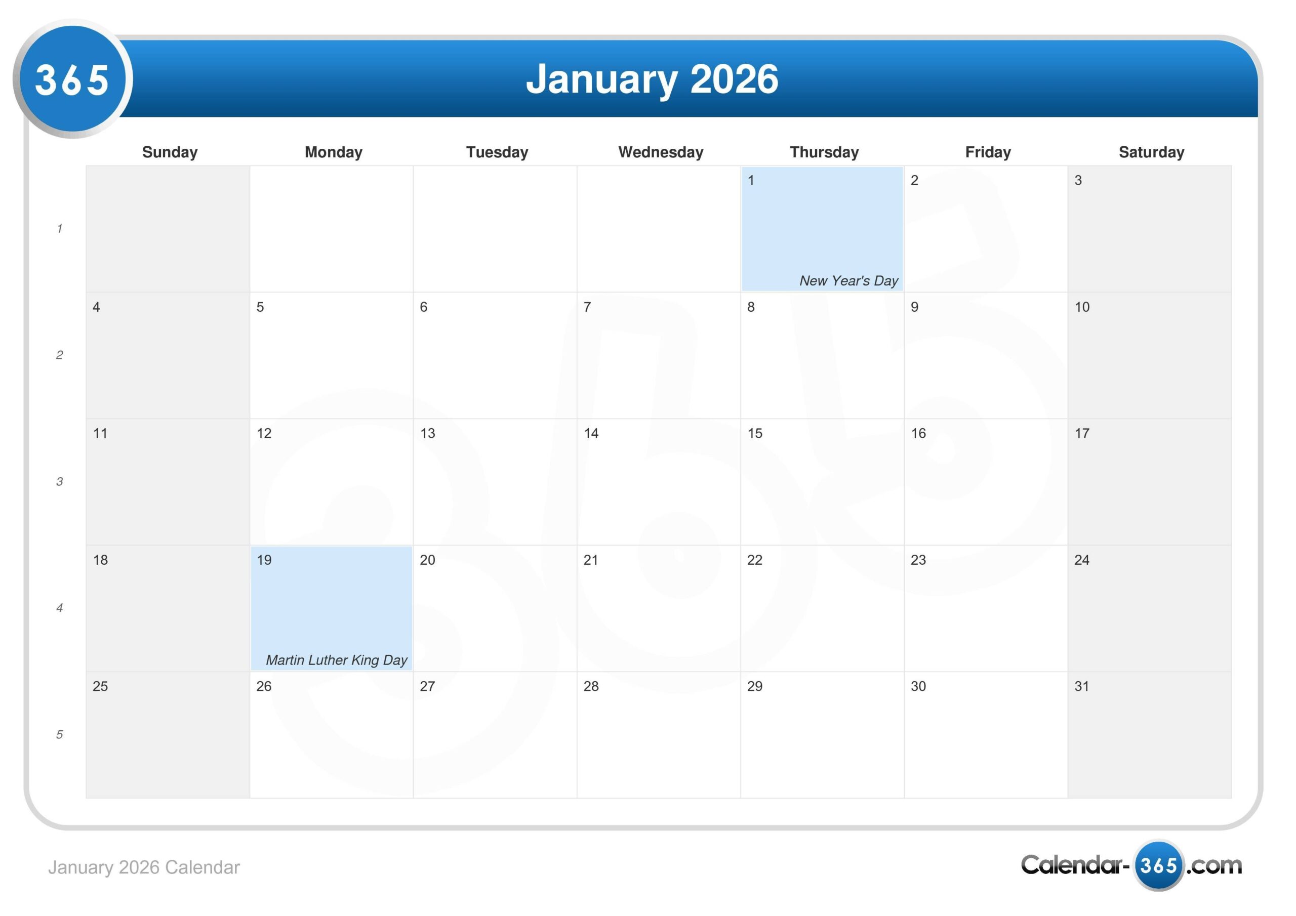 January 2026 Calendar