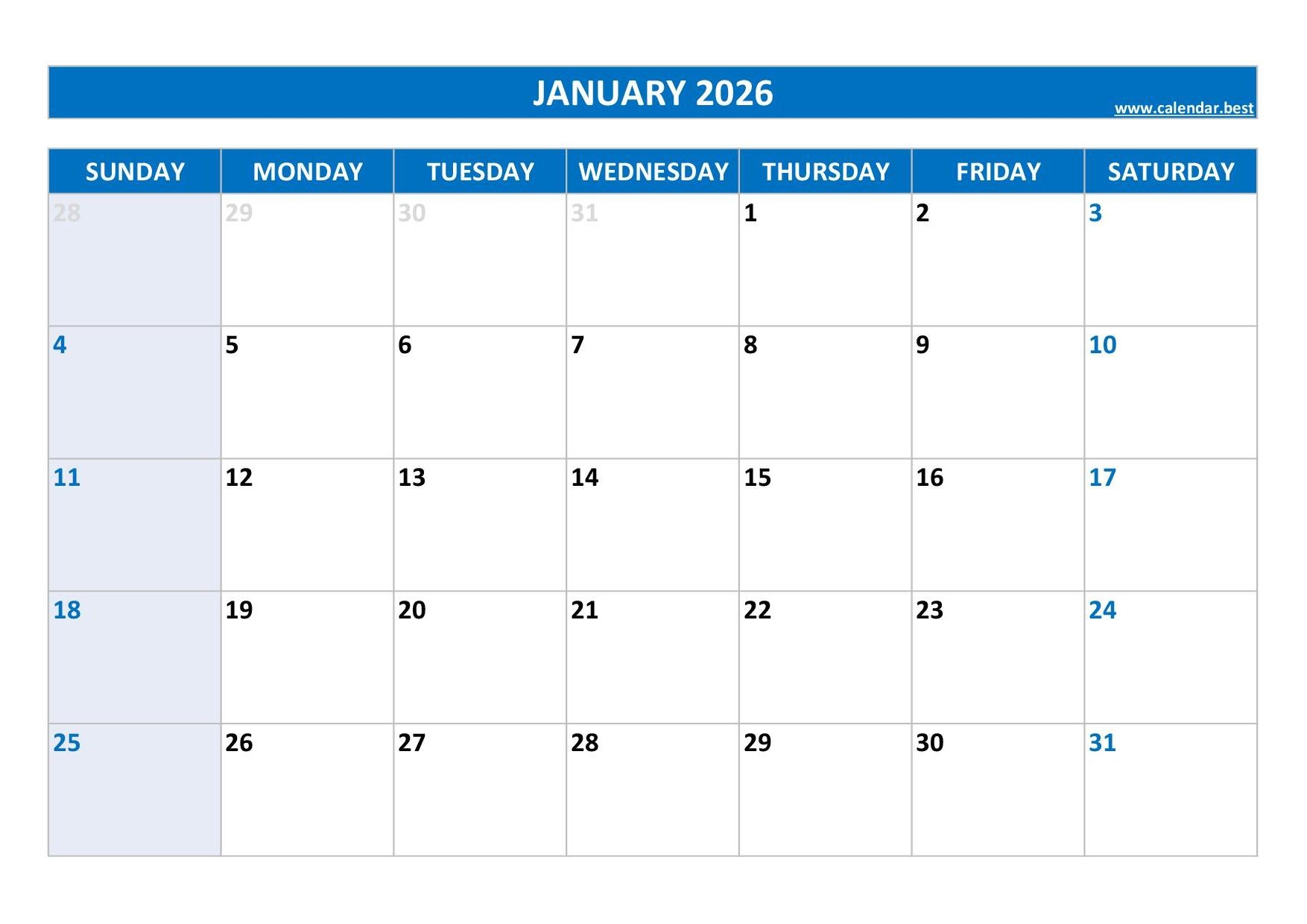 Blank January 2026 Calendar Printable