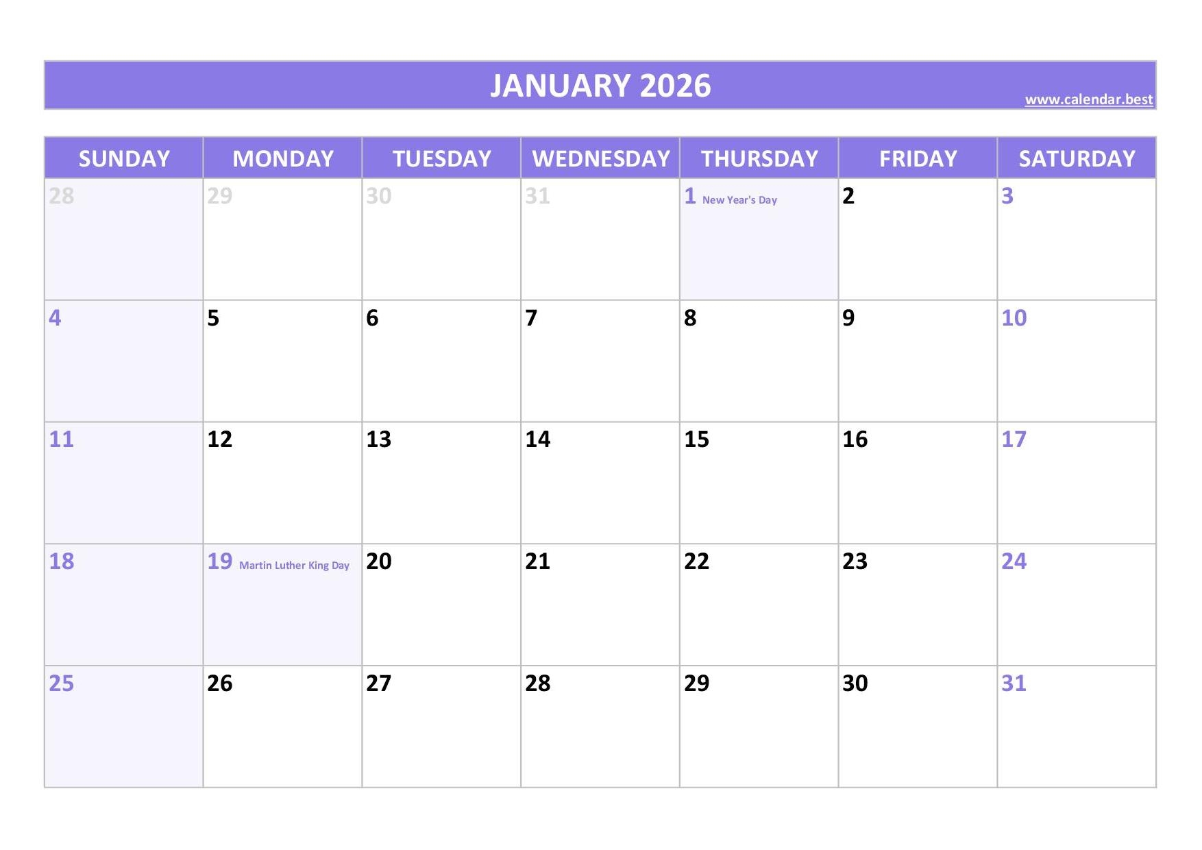 Calendar January 2026 Printable