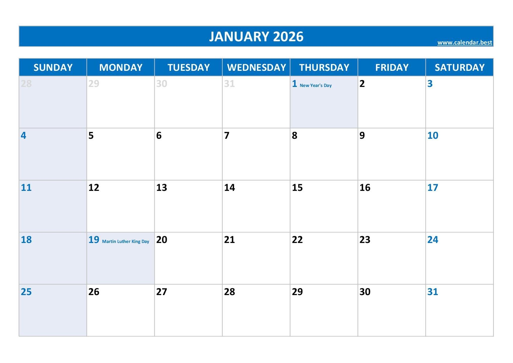 January 2026 Printable Calendar Page
