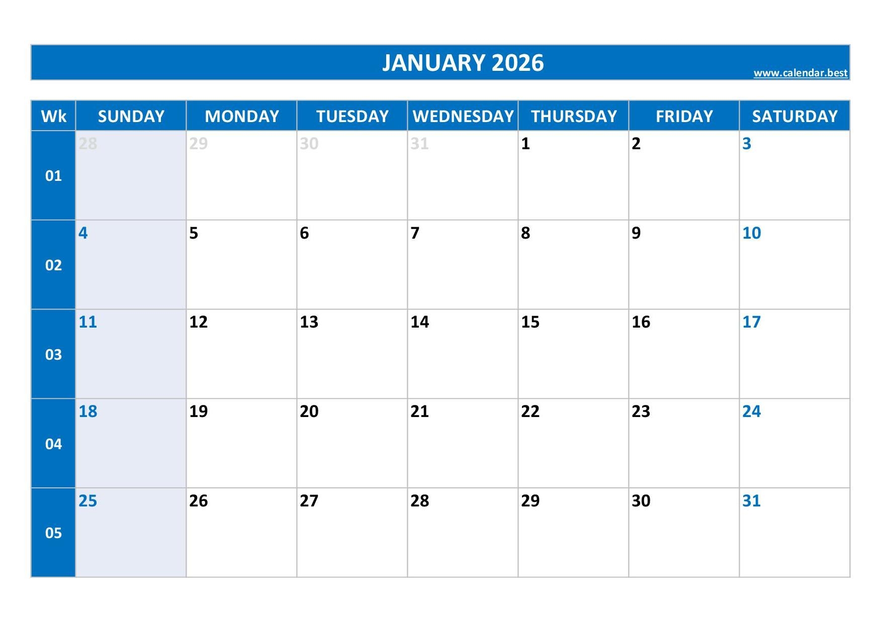 Printable Calendar 2026 January With Holiday
