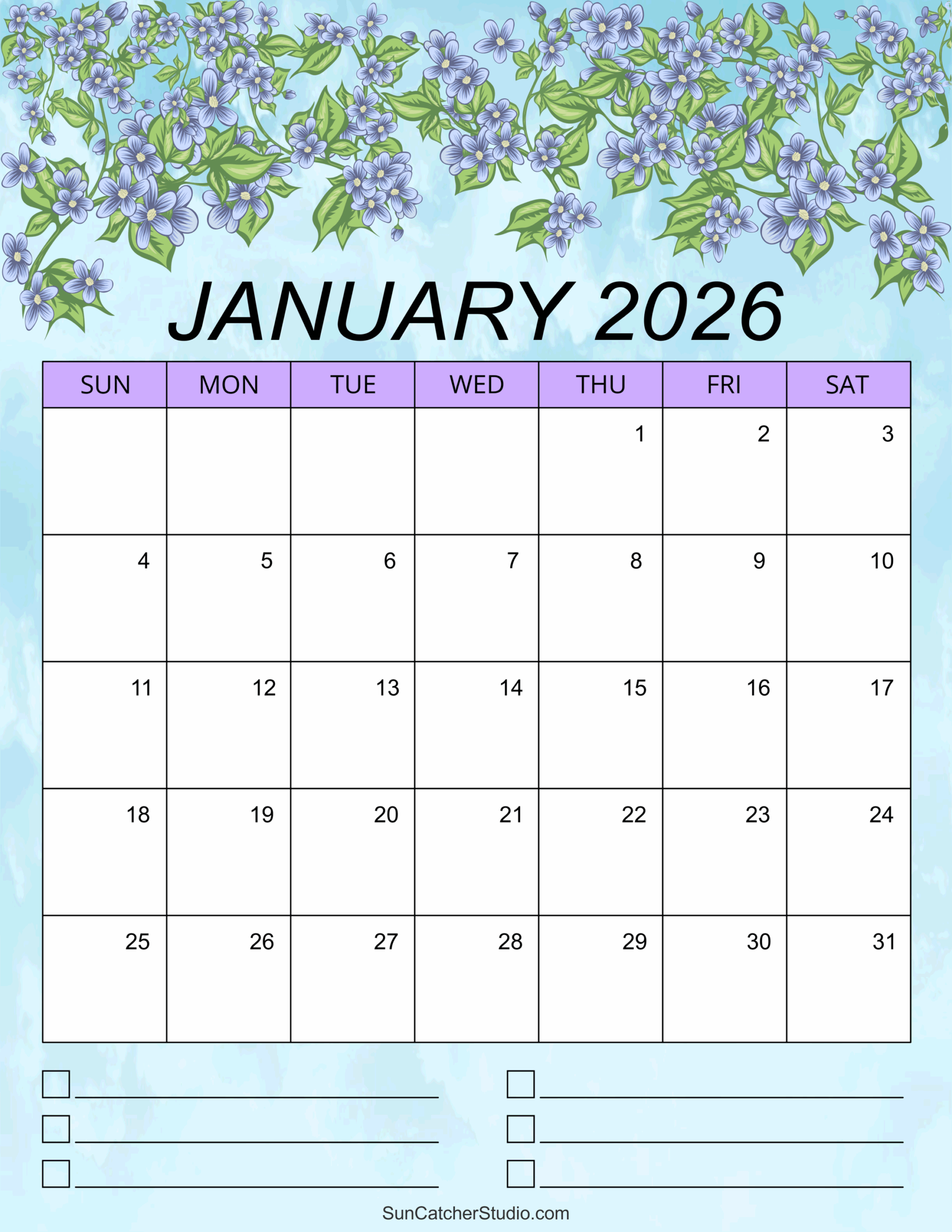 January 2026 Monthly Calendar Portrait