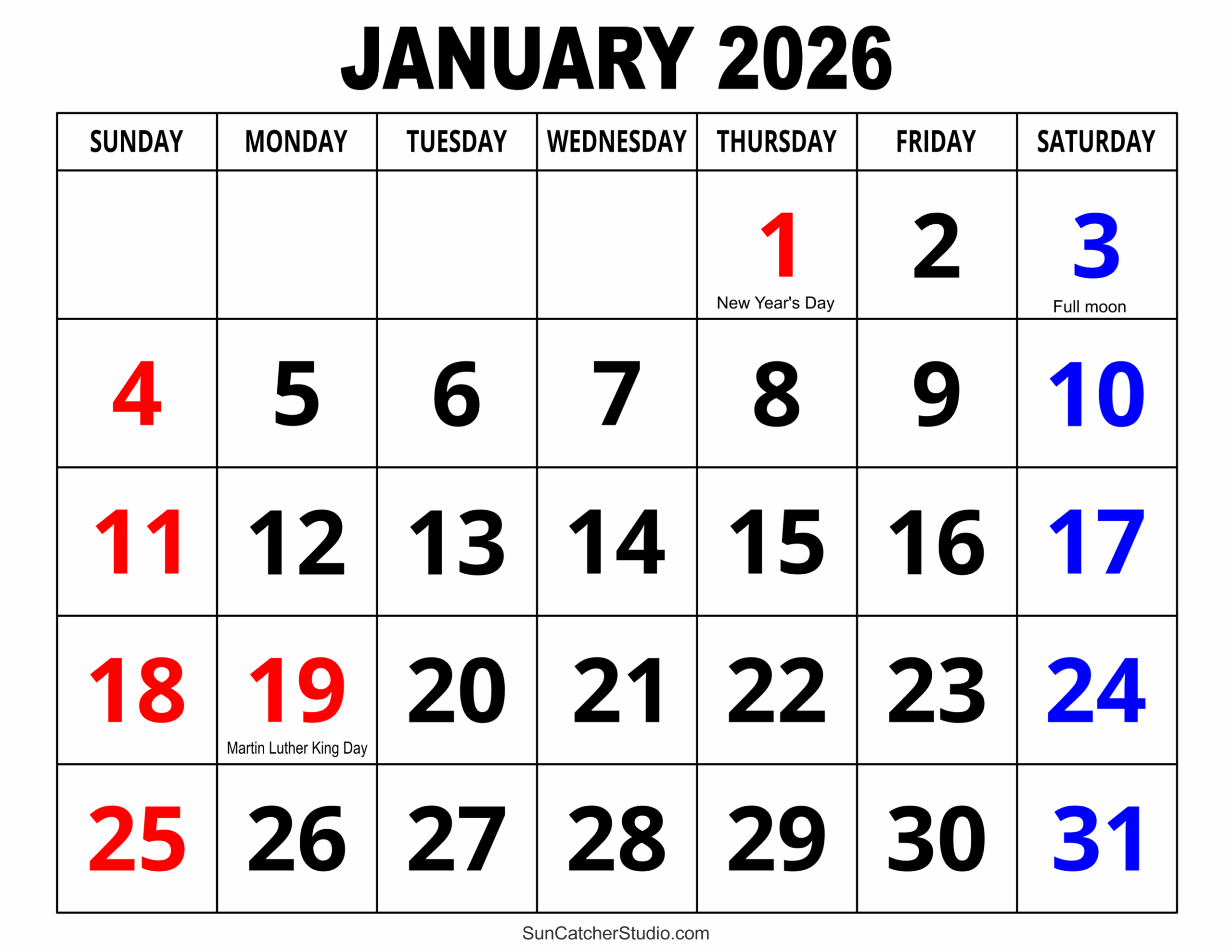 Calendar Sheet January 2026