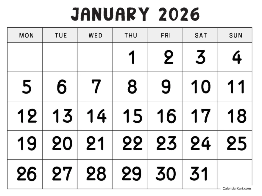 January 2026 Calendar Free Printable PDF CalendarKart