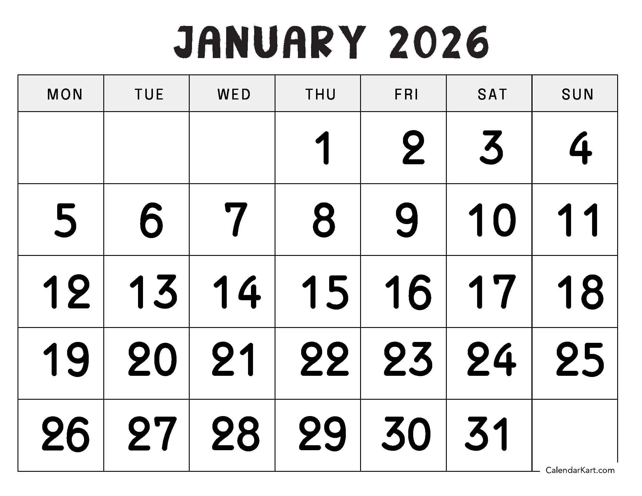 January 2026 Calendar Free Printable PDF CalendarKart
