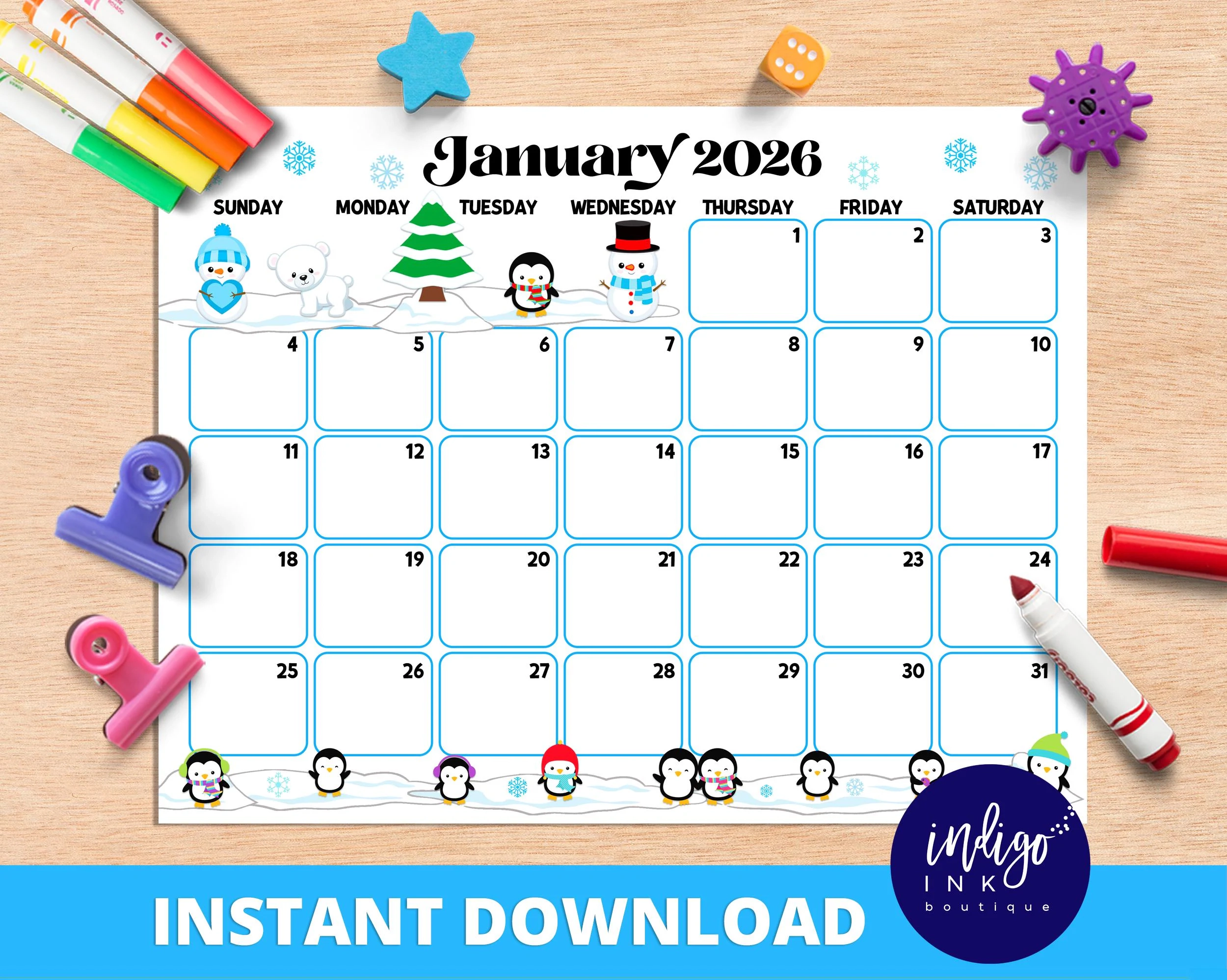 January 2026 Calendar INSTANT DOWNLOAD Monthly Planner Digital Calendar Kid Monthly Calendar Printable Organization For Kids Etsy