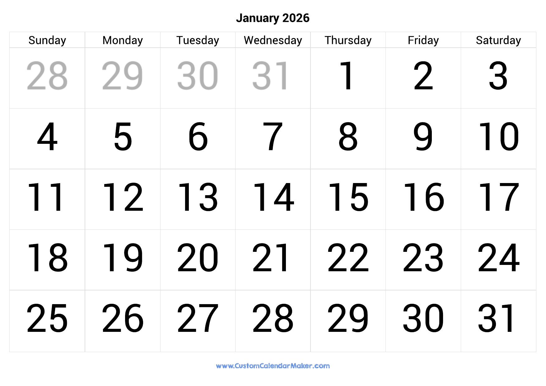 January Calendar 2026 Images