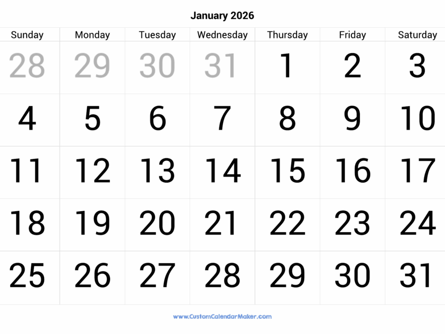 January 2026 Calendar Printable With Large Numbers Custom Calendar Maker