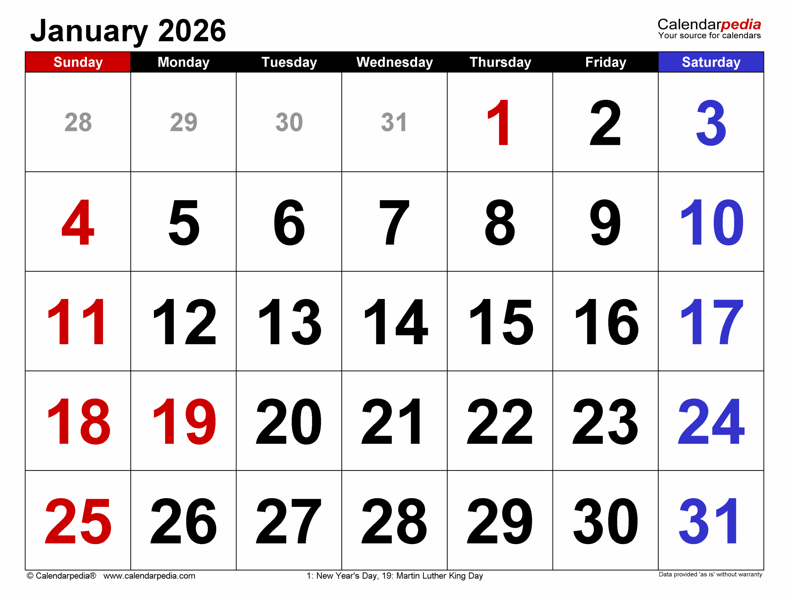 January 2026 Calendar Usa