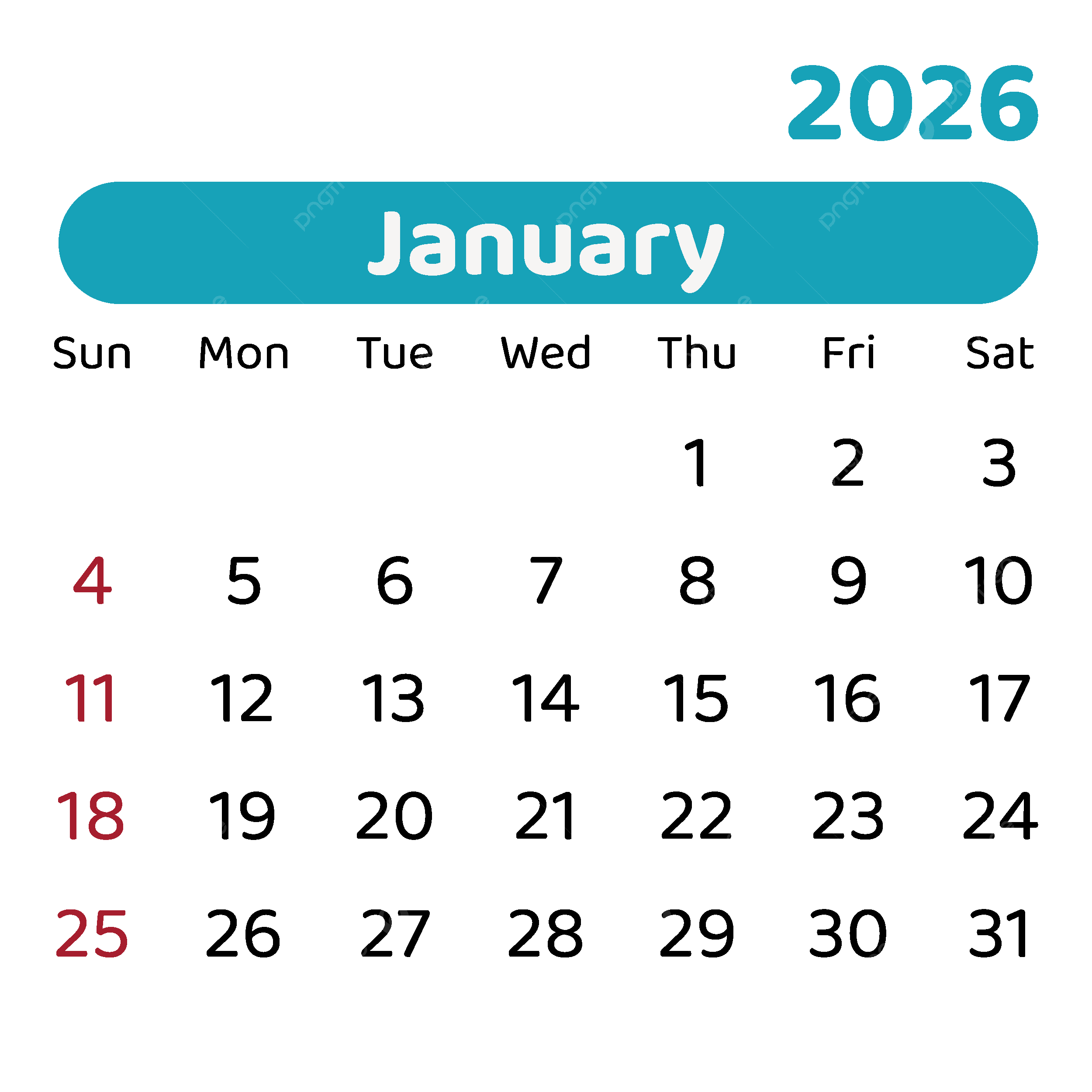 Calendar January 2026 Vector