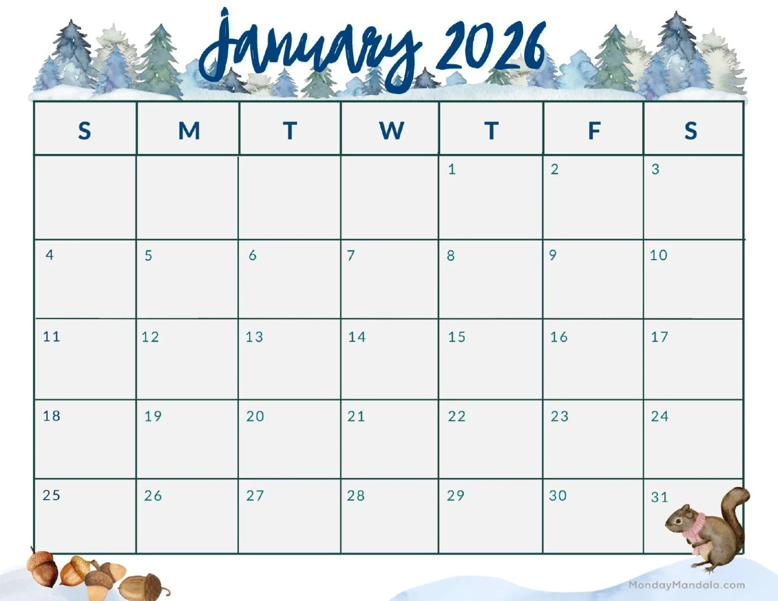 Free Printable January 2026 Calendar