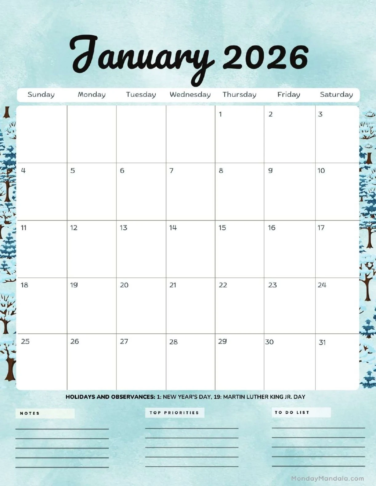 2026 January Calendar Portrait Printable