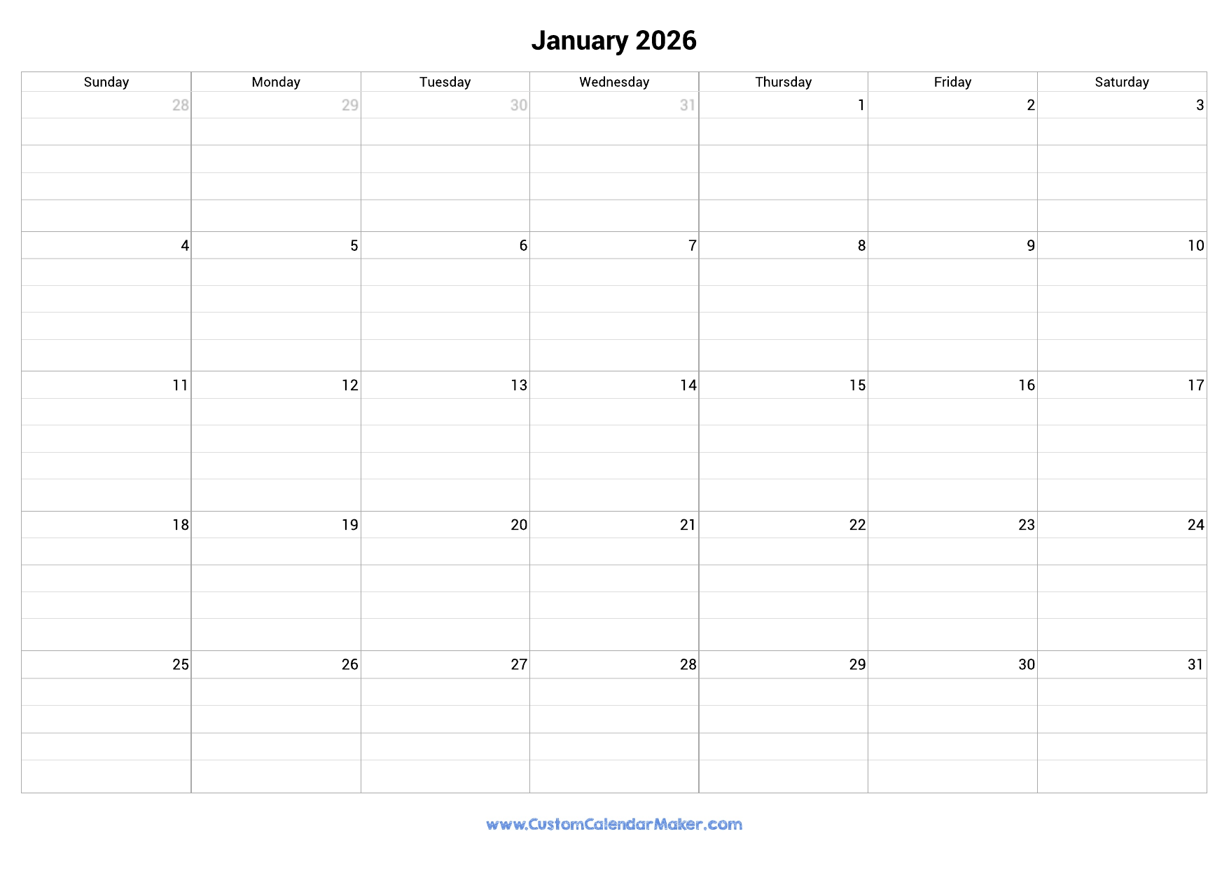 Fillable Calendar January 2026