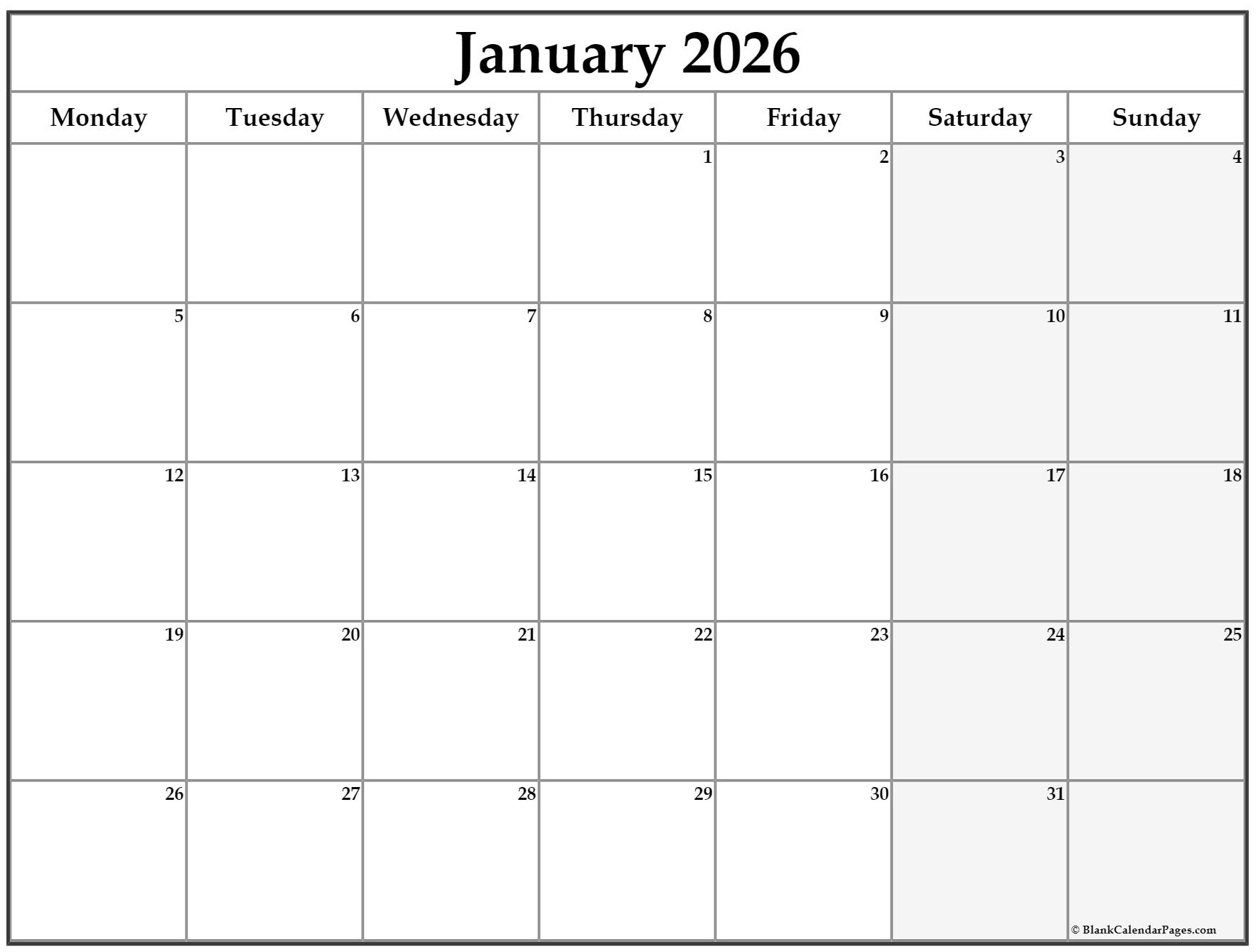 January 2026 Monday Calendar Monday To Sunday