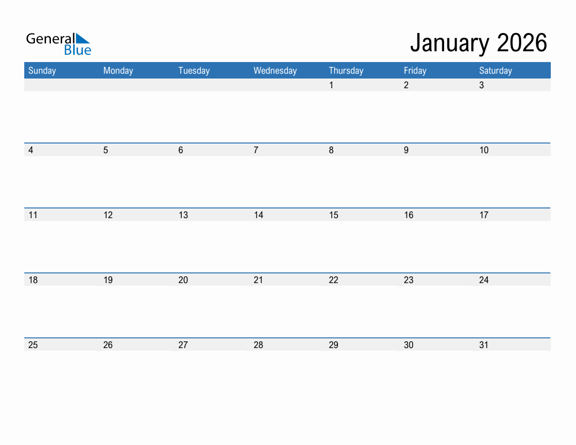 January 2026 Editable Calendar