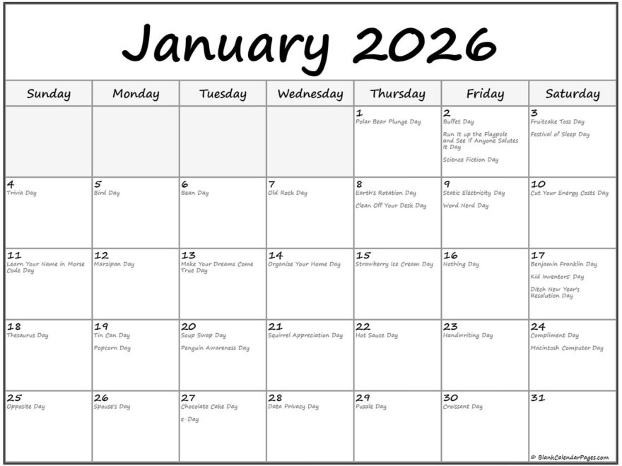 January 2026 With Holidays Calendar