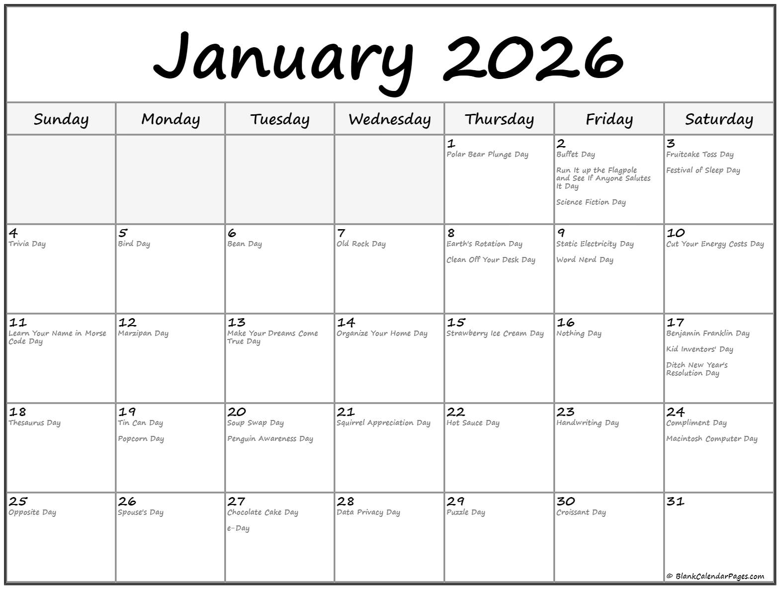 January 2026 With Holidays Calendar