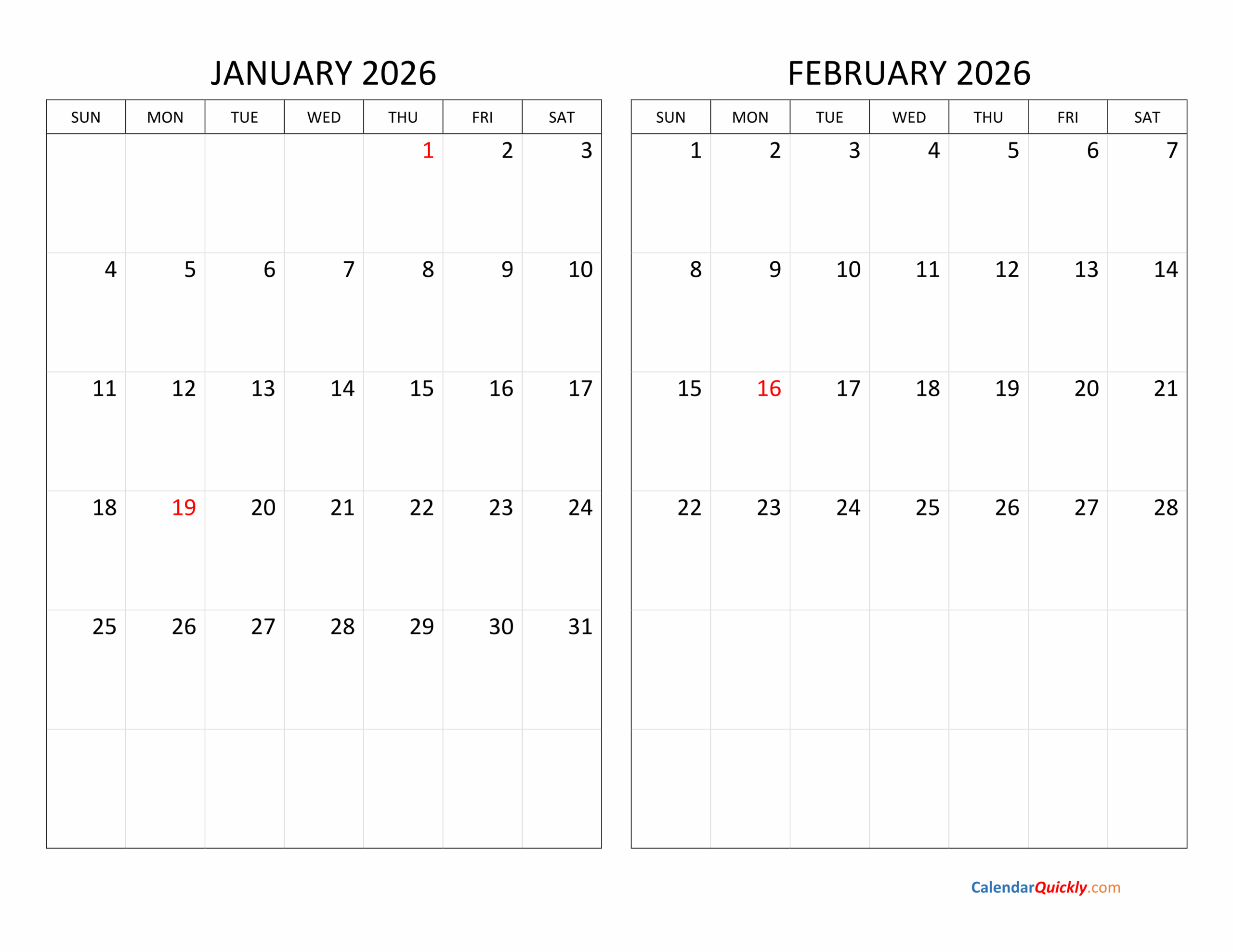 January And February 2026 Calendar Printable