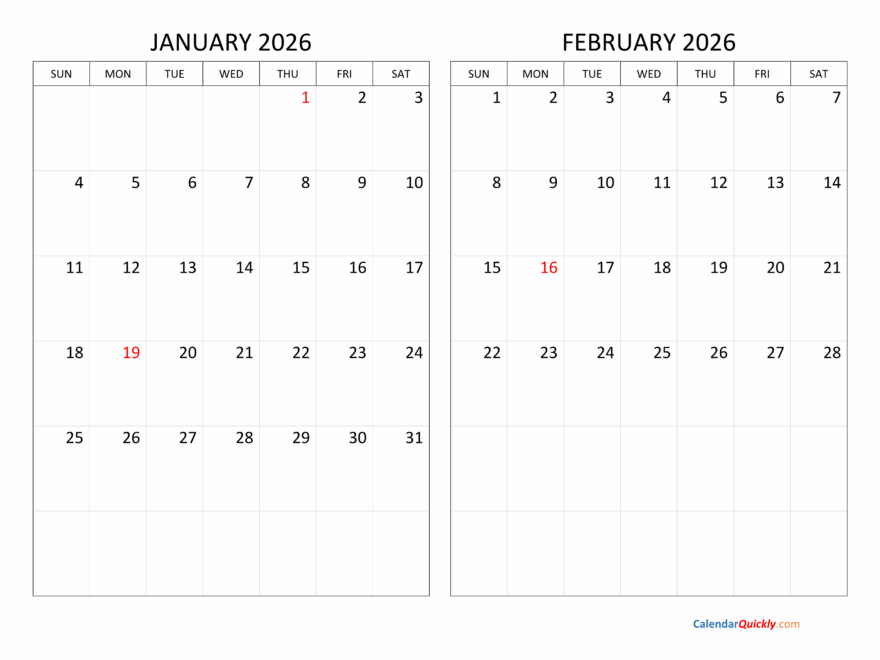 January And February 2026 Calendar Calendar Quickly
