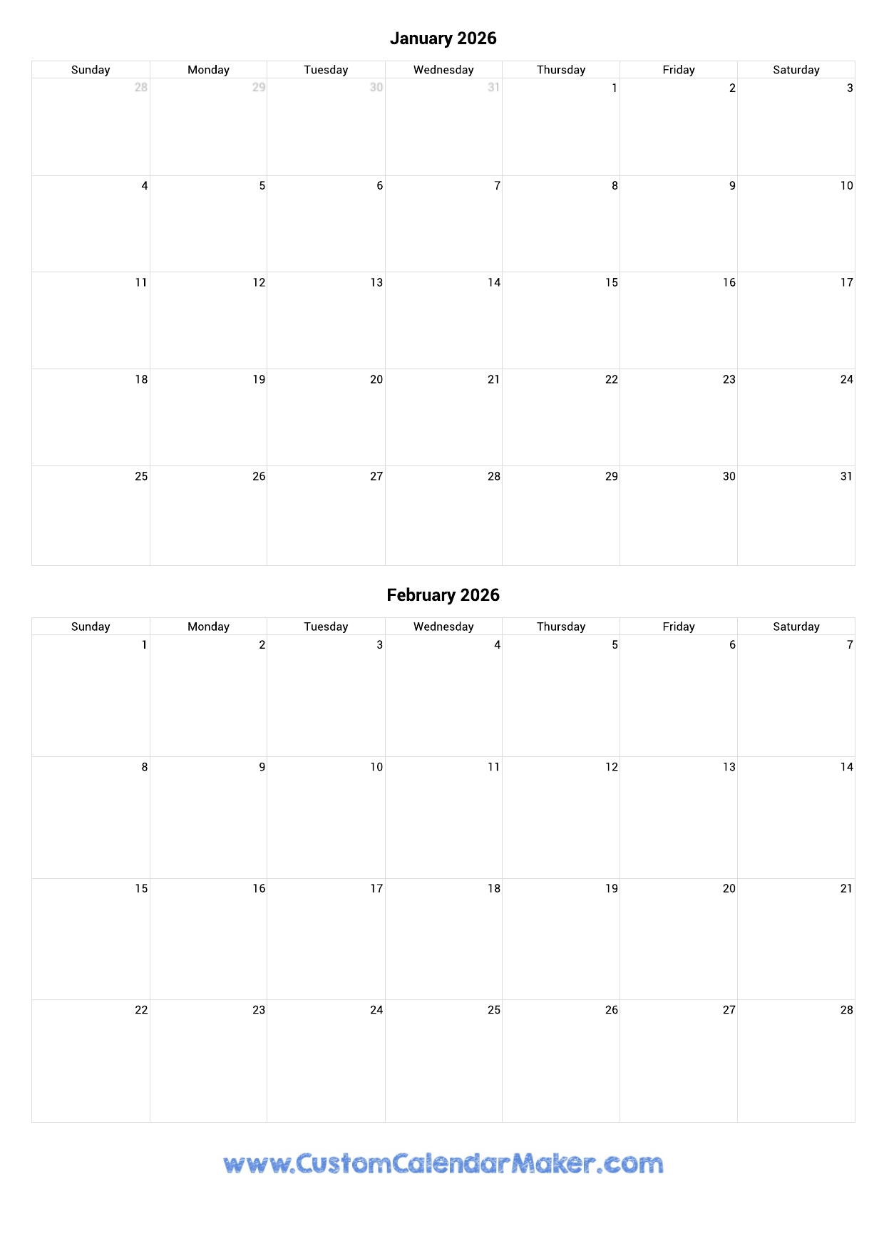 January February 2026 Calendar Template