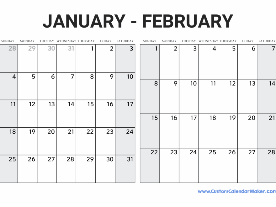 January And February 2026 Calendar Custom Calendar Maker