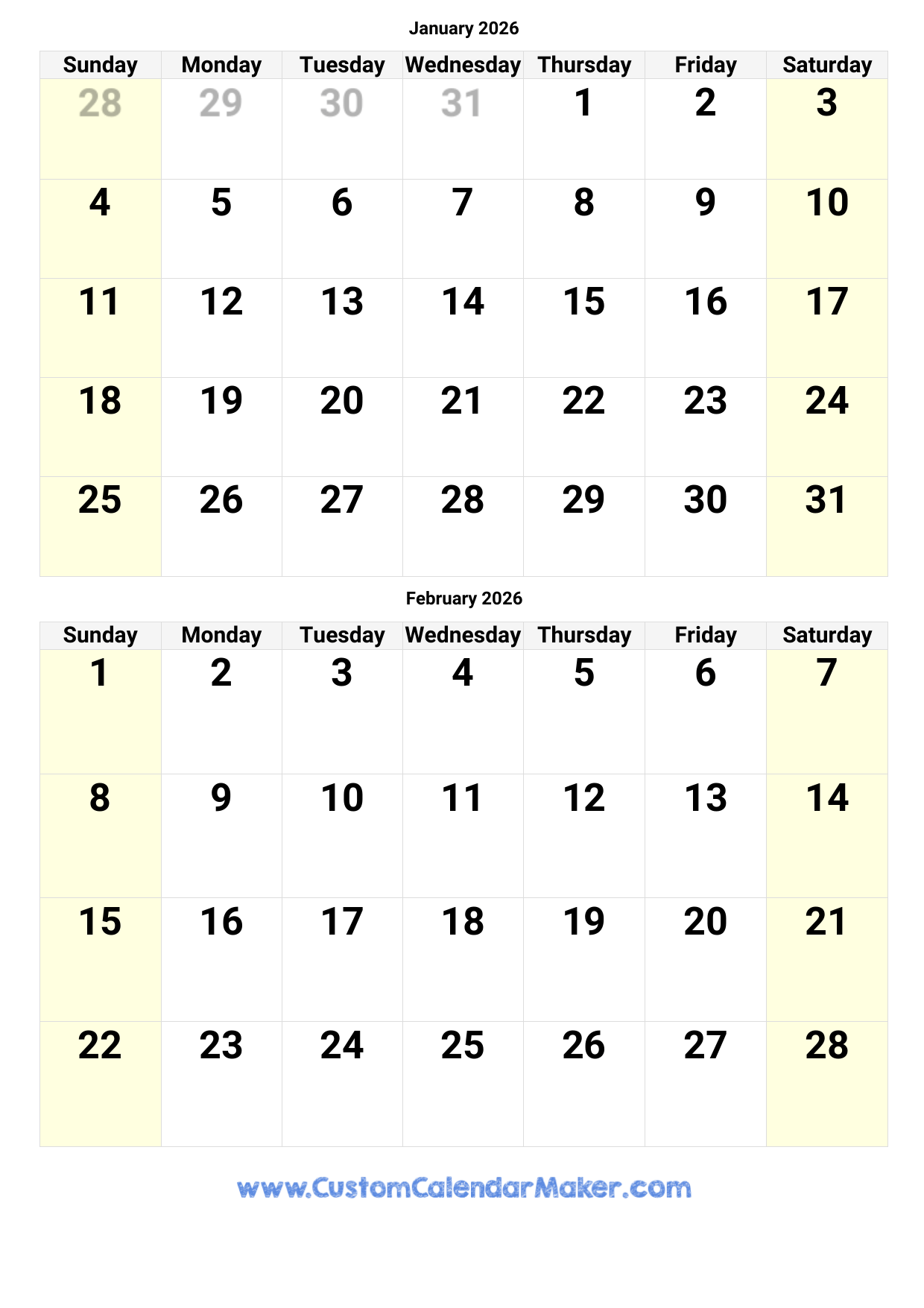 2026 Calendar For January And February