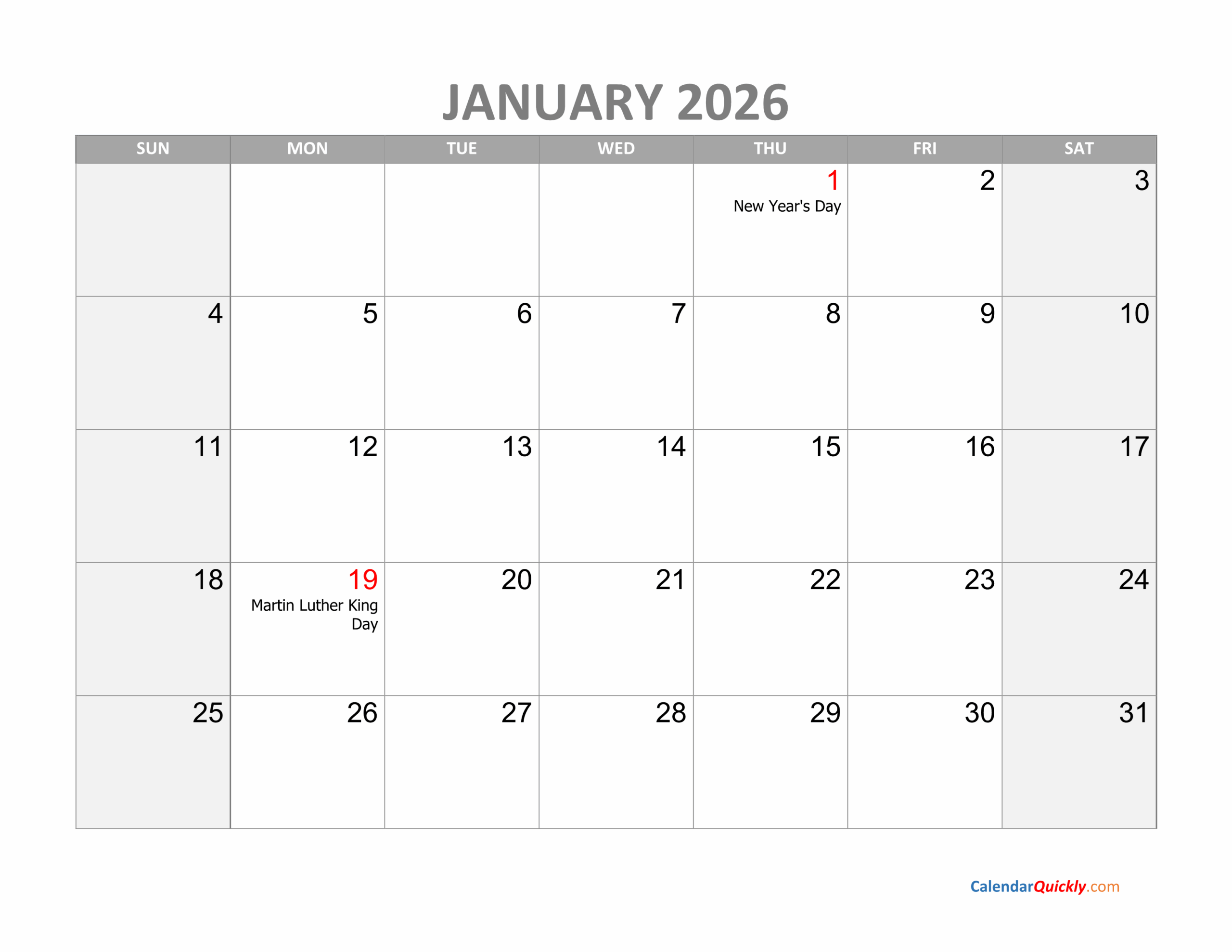 January Calendar 2026 Holidays