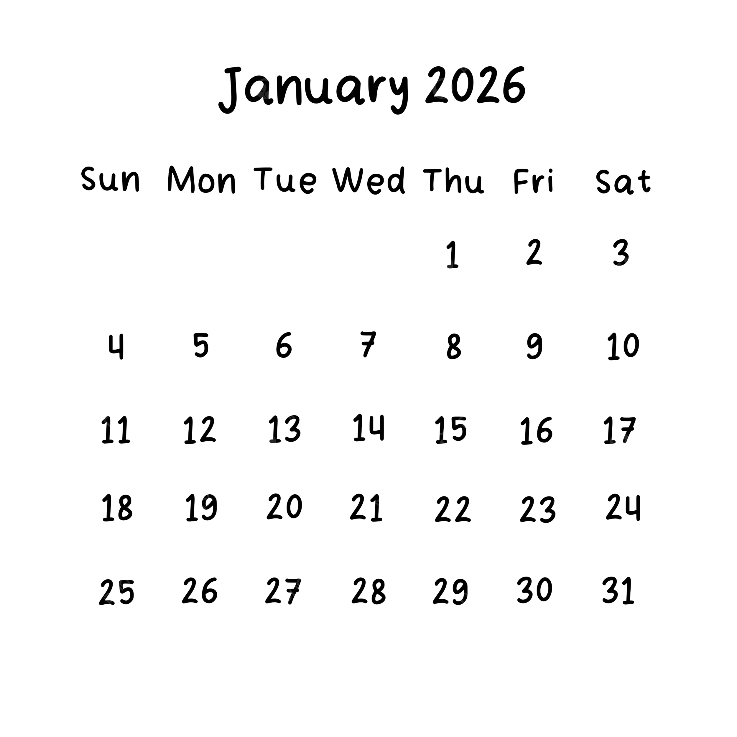 January Monthly Calendar 2026 In Black Color January Calendar 2026 PNG Transparent Clipart Image And PSD File For Free Download