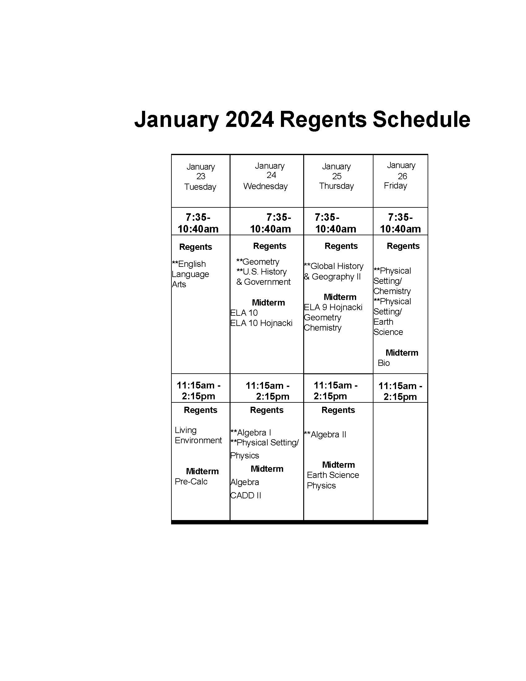 January 2026 Regents Calendar