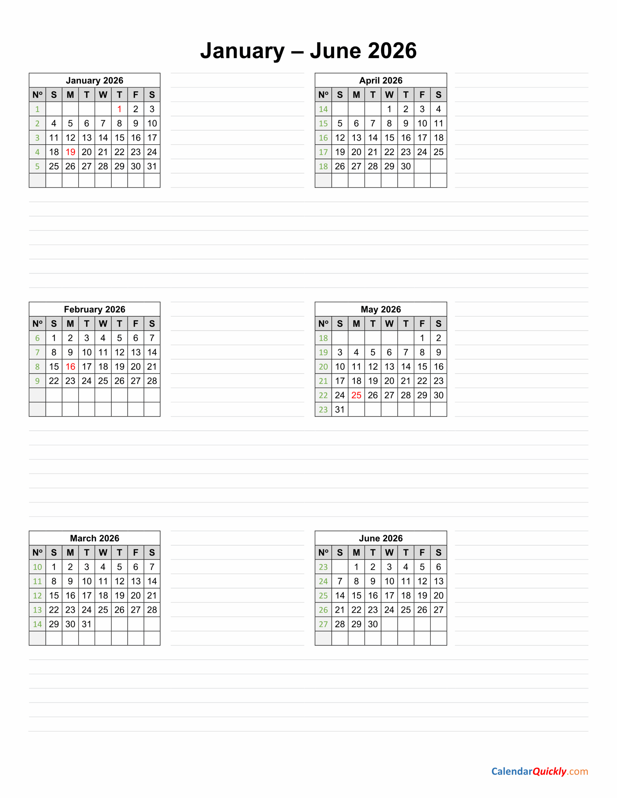 Calendar 2026 January To June