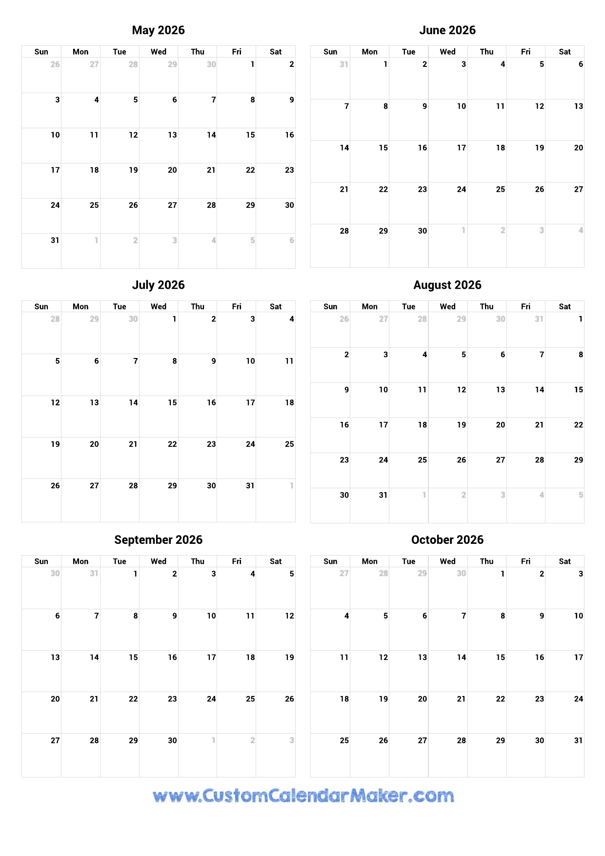 May To October 2026 Printable Calendar Custom Calendar Maker