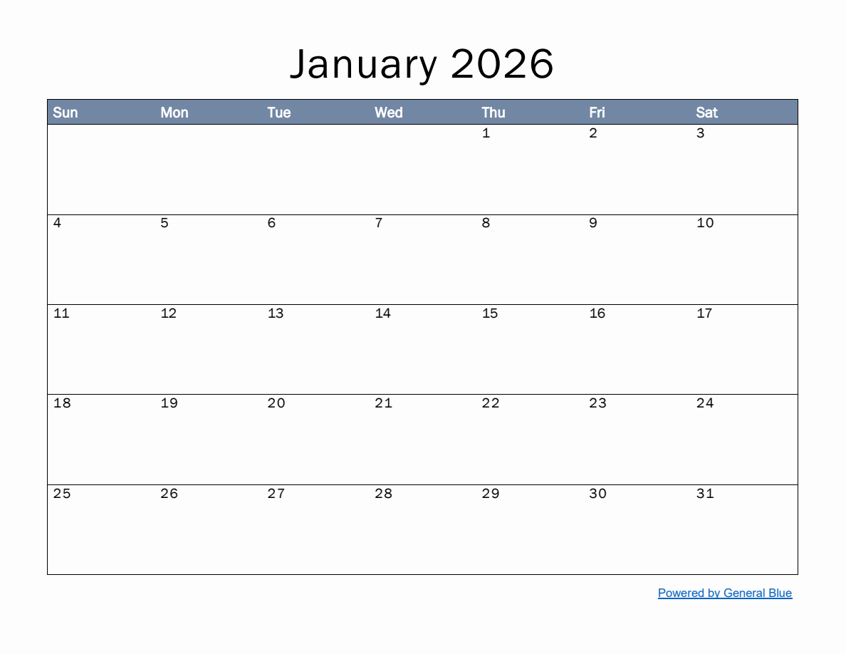 Monthly Calendar Template For January 2026