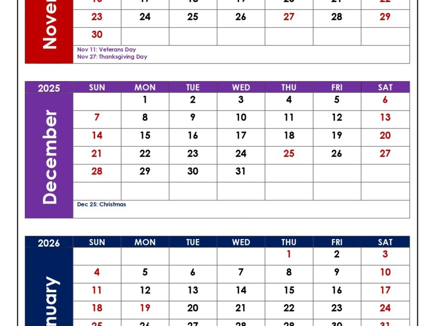 November To January 2026 Calendar Printable PDF Three Months Calendar