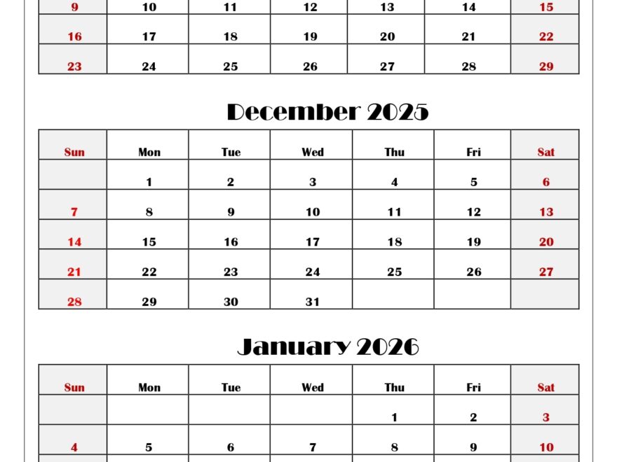 November To January 2026 Calendar Printable PDF Three Months Calendar