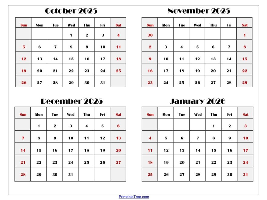 October To January 2026 Calendar Printable PDF Four Months Calendar