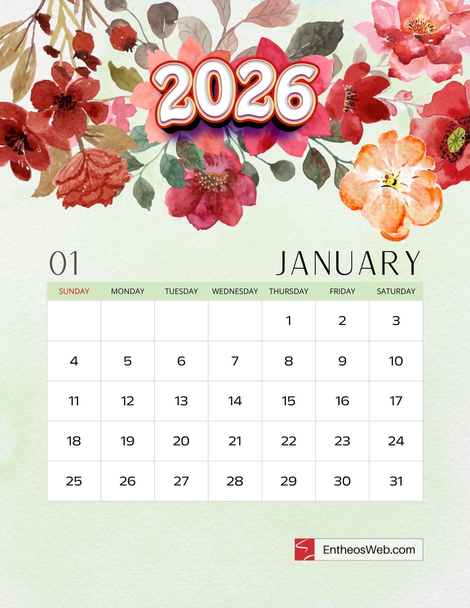 Nice Decoration January 2026 Calendar