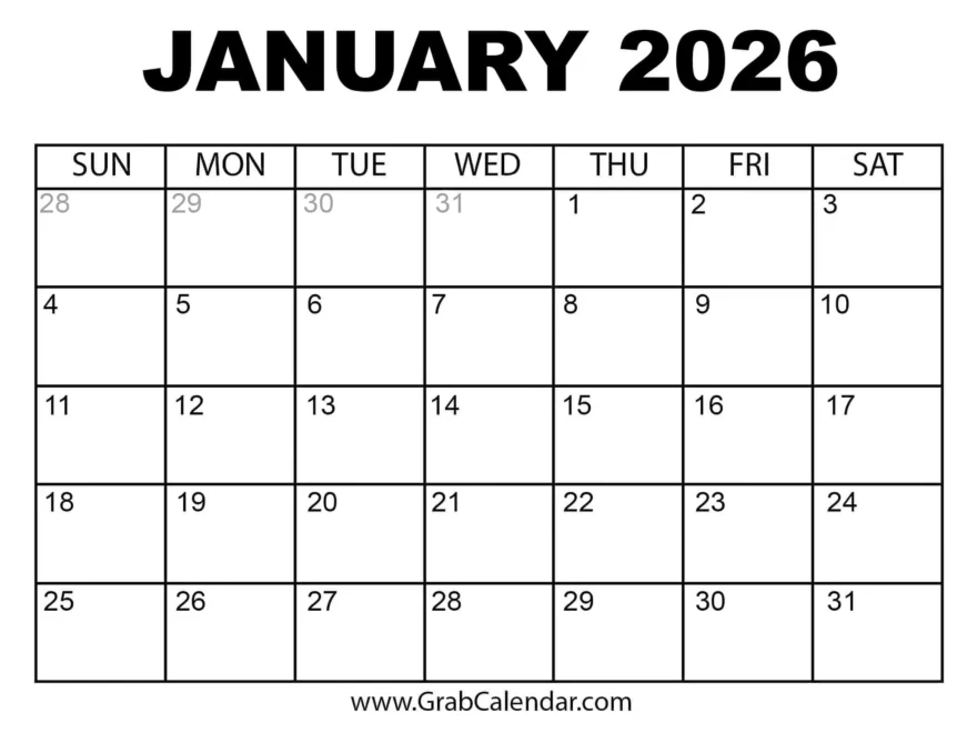 Printable January 2026 Calendar