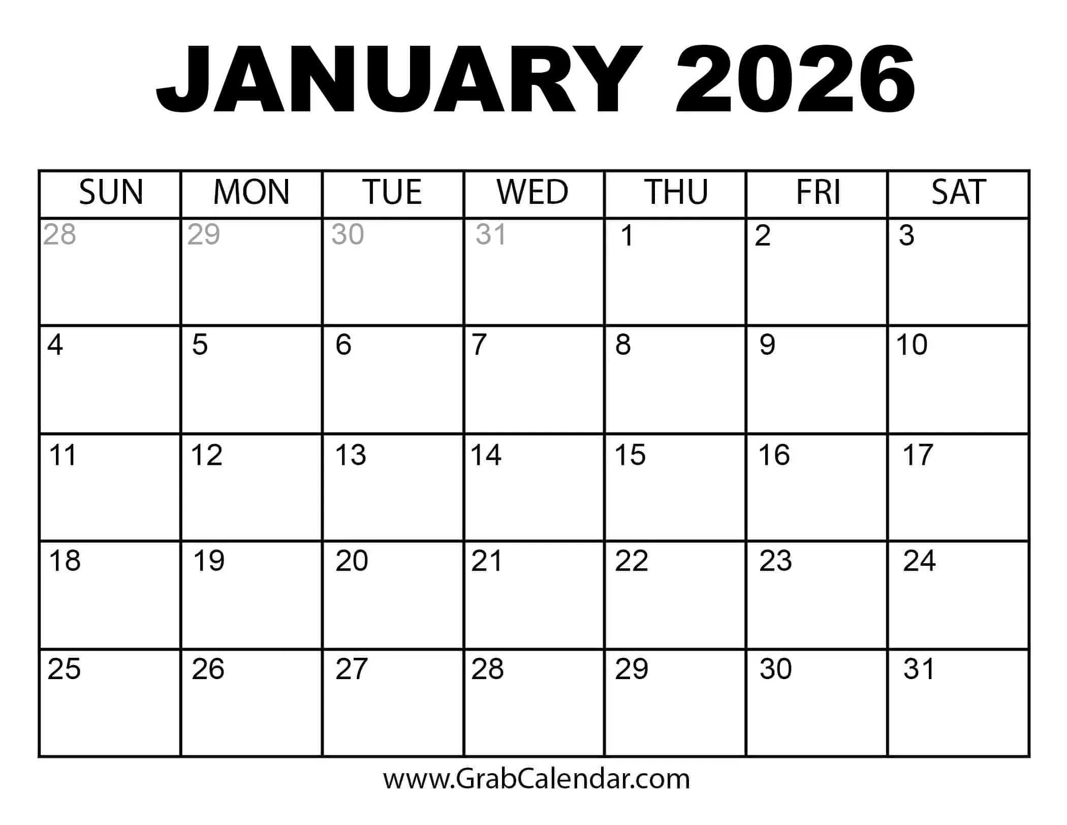 January 2026 Calendar With Lines
