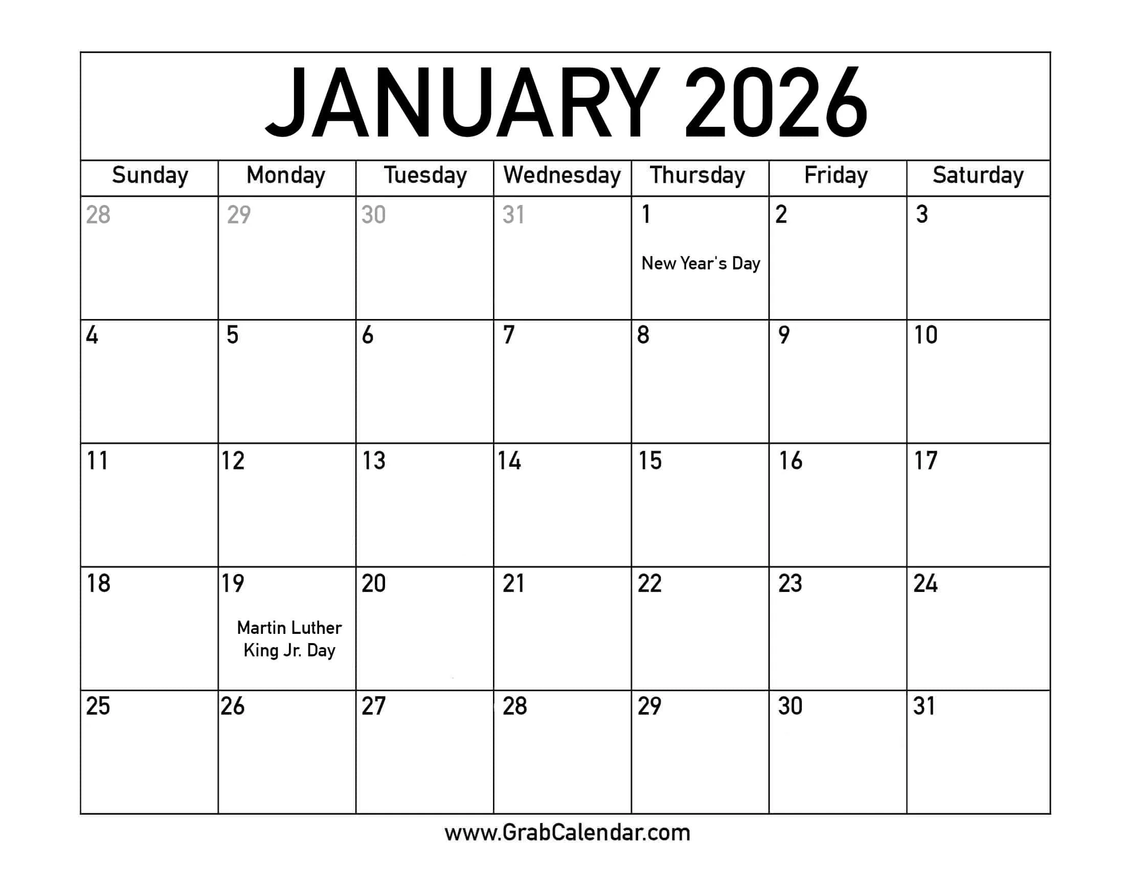 January 2026 Printable Calendar With Holidays