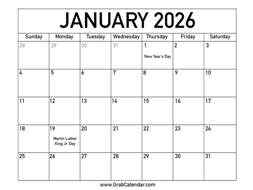 Printable January 2026 Calendar