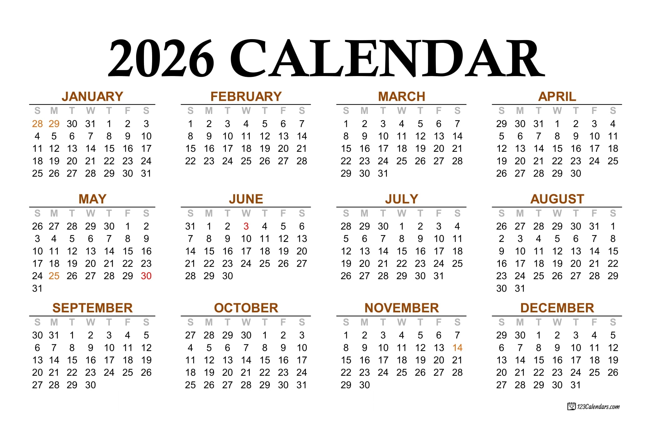 Year 2026 Calendar Templates 123Calendars